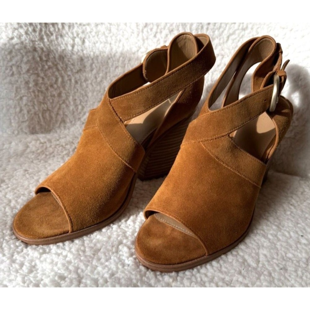Marc Fisher Suede Sandals Womens 8 US Strappy Block Heel Brown Open Toe Booties - Picture 1 of 13
